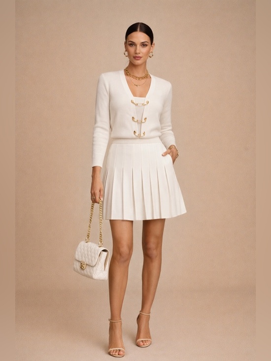 Aleeza Paris Dresses & Skirts - Aleeza Paris Grace Chain Cardigan & Pleated Wonder Skirt Set Ivory – Size Small